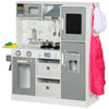 Wooden Toy Kitchen with Lights Sounds, Apron and Chef Hat, Ice Maker, Utensils, Range Hood, White