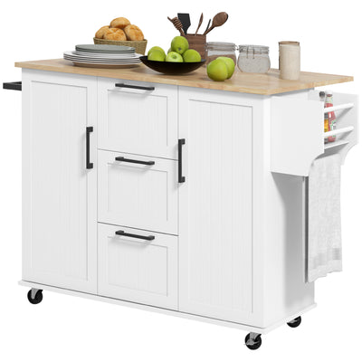 Kitchen Island with Drop Leaf, Rolling Kitchen Cart on Wheels with 3 Drawers, 2 Cabinets, Natural Wood Top, Spice Rack and Towel Rack, White