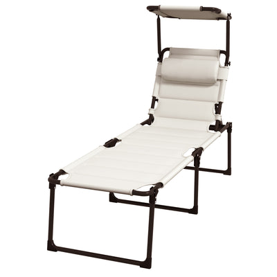 Adjustable Folding Chaise Lounge with 4-position Backrest, Sun Roof, Head Pillow for Patio, Balcony, Outdoor, Cream