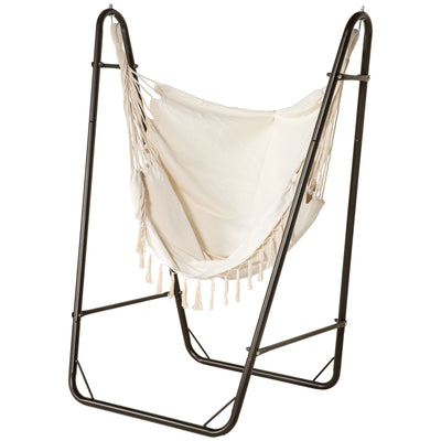 Hammock Chair with U Shape Stand, Hammock Swing Chair with A Side Pocket, Brown/Cream White