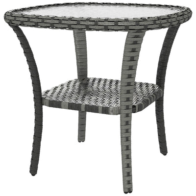 Outdoor Coffee Table with Storage Shelf, Hand-Woven Wicker Side Table with Water-Ripple Glass Top, Mix Gray