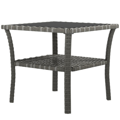 Outdoor Wicker Coffee Table, Rattan Patio Furniture with 2-Tier Storage Shelf , Aluminum Frame Square, Side Table w/ Tempered Glass Top, Gray