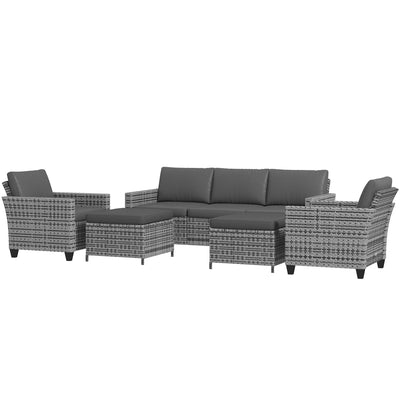 5-Piece Patio Furniture Set with PE Rattan Three-Seater Sofa, Armchairs, Footstools, Cushions, Mixed Gray