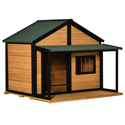 Outdoor Cabin Style Dog House with Asphalt Roof, Front Door, Side Window, Porch for Medium/Large Dogs,Natural
