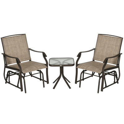 3 Piece Outdoor Glider Chair with Coffee Table Bistro Set, 2 Patio Rocking Swing Chairs with Breathable Sling Fabric, Glass Tabletop