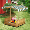 Wooden Kids Sandbox with Cover, Children Outdoor Sand Play Station with Foldable Bench Seats and Adjustable Canopy