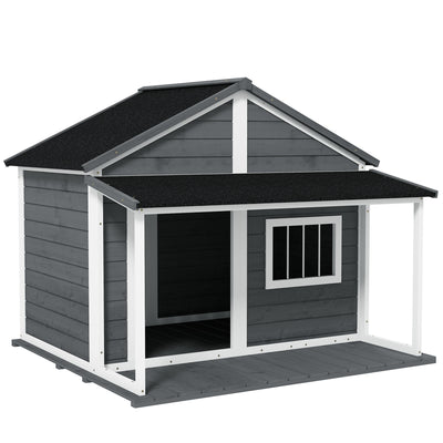 Outdoor Dog House Cabin Style  for Medium/Large Dogs, Wooden Raised Pet Kennel with Asphalt Roof,Loading 53 lbs., Gray