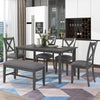 Rectangle Dining Table Set for 6 with Fabric Chairs, Long Bench, and Waterproof Top, Retro Style, Gray