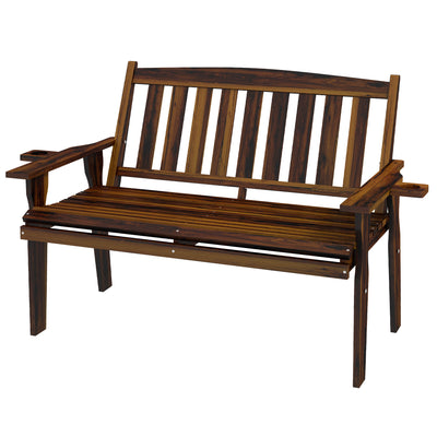 Wooden Outdoor Bench with Slatted Armrests and Back, Patio Bench for Lawn, Park, Deck, Carbonized
