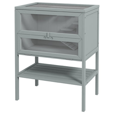 3-Tier Wooden Hamster Cage Mice and Rat Cage Small Animals Hutch with Openable Top, Front Door, Storage Shelf, Gray