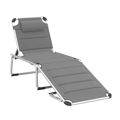 Foldable Reclining Sun Lounger Lounge Chair Camping Folding Bed Cot 5-Position Adjustable Back with Pillow for Patio Garden Beach Pool Grey