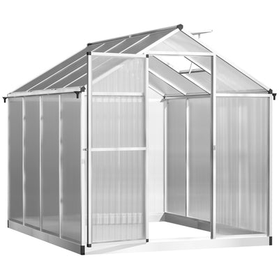 8' L x 6' W Walk-In Polycarbonate Greenhouse with Roof Vent for Ventilation & Rain Gutter, Hobby Greenhouse for Winter