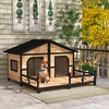 59"x64"x39" Large Wooden Dog House Raised Weatherproof Rustic Log Cabin Style Elevated Pet Shelter Porch Deck, Natural