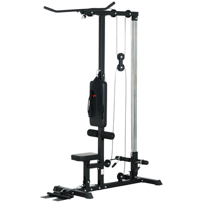 LAT Pull Down Machine, High / Low Pulley Machine with Adjustable Seat and Flip-Up Footplate, Weighted Bar Set, Black