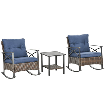 3 Piece Rocking Bistro Set, Outdoor Wicker Patio Conversation Set with Rockers, Table, Cushions, for Garden, Dark Blue