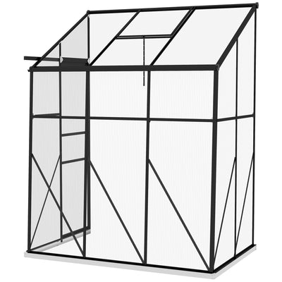 6' x 4' Walk-in Polycarbonate Greenhouse Lean-to Aluminum Green House with Rain Gutter and Foundation, Black