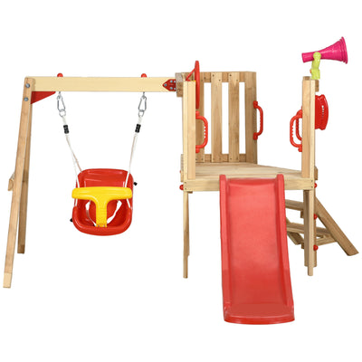 4-in-1 Wooden Swing Set with Swing, Slide, Horn, Steering Wheel, Red