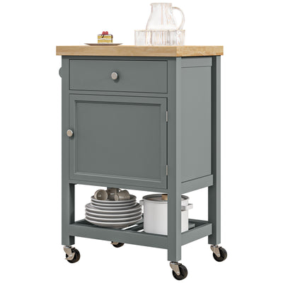 Kitchen Island on Wheels, Rolling Kitchen Cart with Rubberwood Top, Drawer, Wine Rack and Cabinet, Gray