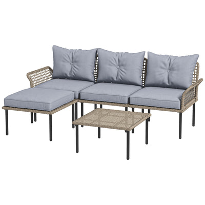 5-Piece Rattan Patio Furniture Set with Sofa, Chaise Lounge, Coffee Table, Footstools, Cushions, Light Gray