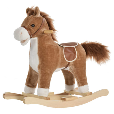 Kids Rocking Horse Plush Animal on Wooden Rockers with Sounds, Wooden Base, Baby Rocking Chair for Toddler Boys Girls 36-72 Months, Brown