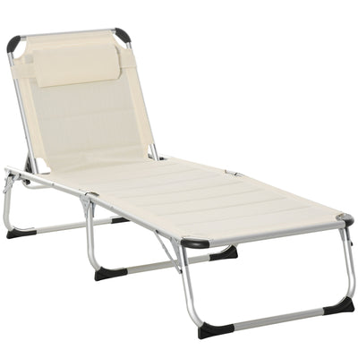 Folding Lounger Chair Sun Lounger Chair Camping Bed Cot 4-Position Adjustable Back With Pillow For Patio Garden Beach Pool Cream