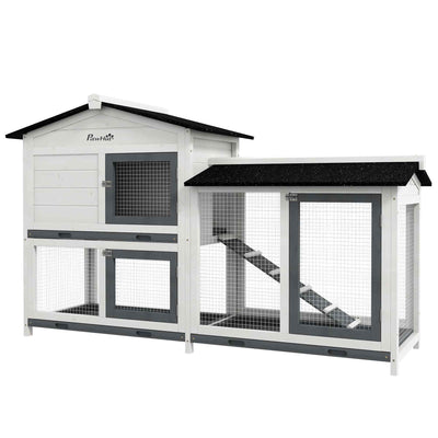 2-Story Rabbit Hutch Wooden Bunny Hutch Cage Small Animal House with Ramp, No Leak Tray, Weatherproof Roof & Outdoor Run, Indoor/Outdoor, Gray