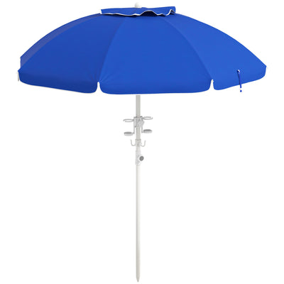 5.7' Beach Umbrella for Travel with Tilt, Adjustable Height, 2 Cup Holders, Hook, Vent, Ruffles, Sapphire Blue