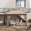 10' x 11.5' Metal Patio Gazebo, Double Roof Outdoor Gazebo Canopy Shelter w/Tree Motifs Corner Frame and Netting, Brown
