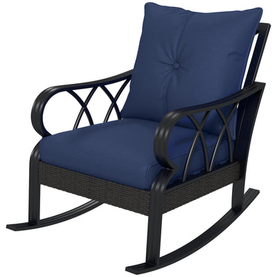 Outdoor Wicker Rocking Chair, Porch Rocker Chair with Padded Cushions and Armrest, Navy Blue