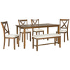 6-Piece Retro Dining Table Set with Rectangle Table, Fabric Chairs, and Bench, Easy to Assemble, Natural Cherry