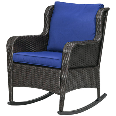Outdoor Wicker Rocking Chair Rattan Rocker w/ Cushion, Steel Frame, High Weight Capacity for Patio, Garden, Dark Blue