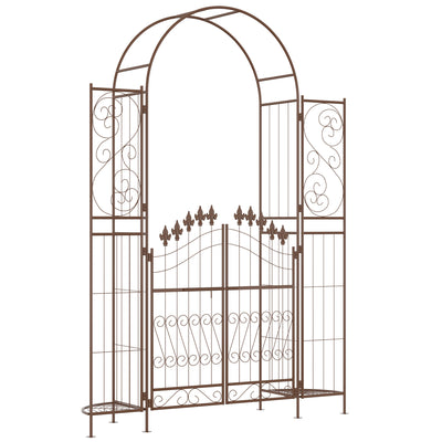 7' Garden Arbor, Garden Arch Metal with Gate, Latching Doors, Shelves for Climbing Vines, for Wedding, Bridal Party, Brown