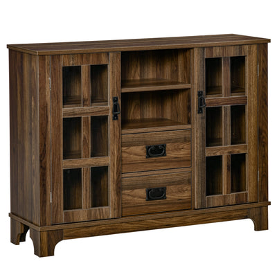 Kitchen Sideboard, Glass Door Buffet Cabinet, Server Cupboard with Storage Drawers & Adjustable Shelves for Living Room, Walnut
