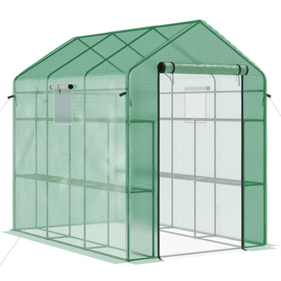 7' x 5' x 6'  2-Tier Shelf Greenhouse with Door, Windows, PE Cover, Steel Frame for Outdoor Garden Plant & Plant Use, Green