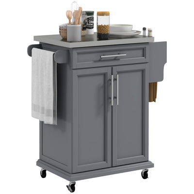 Kitchen Island on Wheels, Rolling Kitchen Cart with Drawer, Stainless Steel Top,Utility Cart with Towel Rack and Spice Rack, Gray