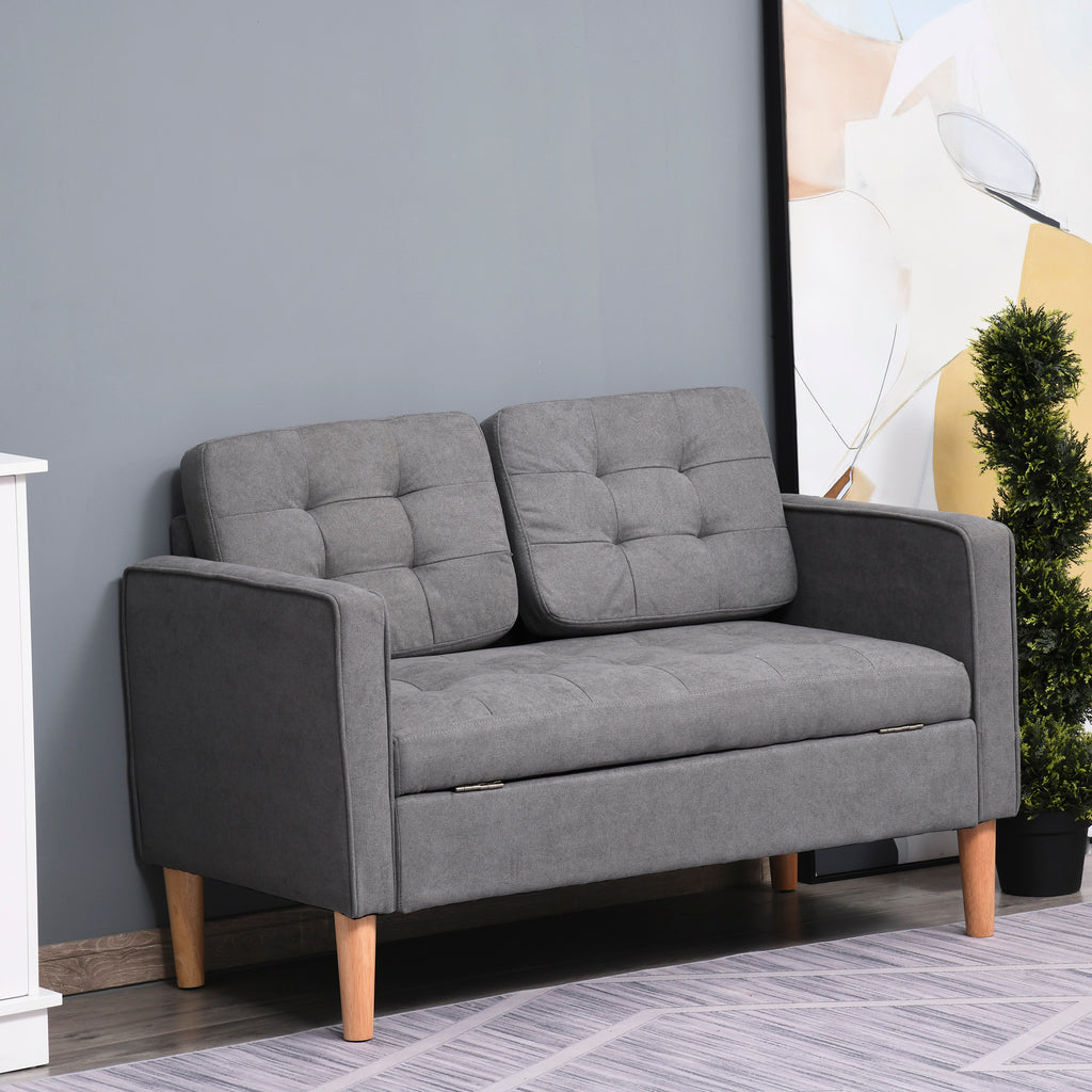Modern 2-Seater  Loveseat Button-Tufted Fabric Couch with Storage Chest  Rubberwood Legs  Grey