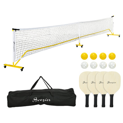 Pickleball Set with Net on Wheels, Markers, 4 Pickleball Paddles and 4 Balls, for Driveway Backyard