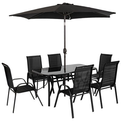 8 Pieces Patio Furniture Set with 9Ft Patio Umbrella, Outdoor Dining Table and Chairs, Black