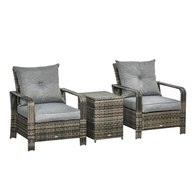 3 Piece PE Rattan Patio Chairs Porch Furniture Set with 2 Chairs Padded Seats & 1 Side Table with Storage  Grey