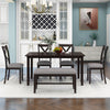 Retro Rectangle Dining Table Set for 6 with Fabric Chairs, Bench, and Solid Wood Top, Espresso