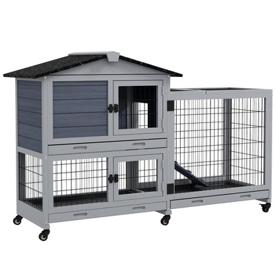 Rabbit House Outdoor, 2-Tier Large Guinea Pig Hutch Indoor w/ Removable Trays, Openable Roof, for 1-2 Rabbits, Gray