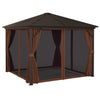 10' x 10' Hardtop Gazebo Canopy, Permanent Pavilion with Hook, Curtains, Aluminum Frame for Patio, Garden, Dark Brown