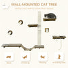 Cat Wall Shelves , Cat Wall Furniture with Perches, Scratching Posts, Ladder, Bowls, 8PCs Wall Mounted Cat Shelves for Playing, Brown