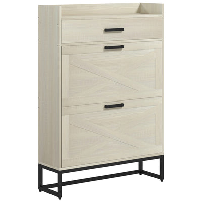 Slim Shoe Storage Cabinet, Shoes Cabinet Organizer with 2 Flip Drawers, Adjustable Shelves for 12 Pair, Distressed White