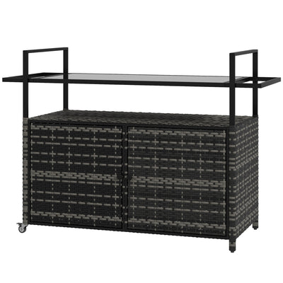 PE Rattan Outdoor Bar Table, Outdoor Kitchen Island with 2-Tier Shelf, Patio Serving Cart with Glass Top & Handles for Poolside, Mixed Gray