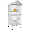 Wrought Metal Bird Cage Feeder with Rolling Stand Perches Food Containers Doors Wheels 67" H, White
