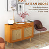 Kitchen Storage Cabinet, Garage Cabinets with 3 Rattan Doors and Adjustable Shelf, Boho Accent Cabinet for Living Room, Light Brown