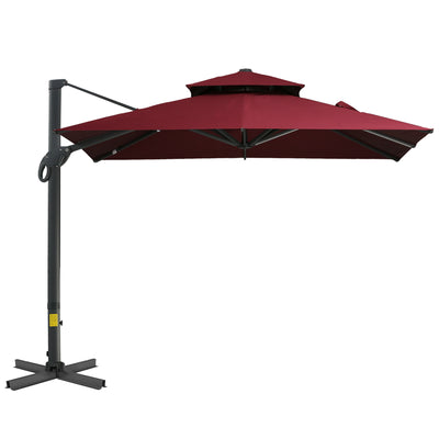 3x3m/10x10ft 360A° Rotating Cantilever Umbrella Double-top Parasol w/ 4 Adjustable Angle All-aluminum for Patio Garden Wine Red