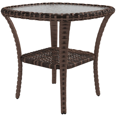 Outdoor Coffee Table with Storage Shelf, Hand-Woven Wicker Side Table with Water-Ripple Glass Top, Mix Brown