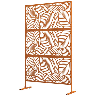 6.5' Decorative Outdoor Divider, Metal Privacy Screen with Stand, Leaf Motif, Brown